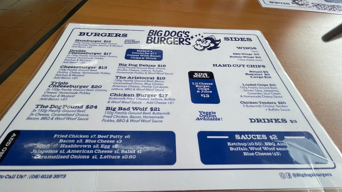 Menu, Big Dog's Burgers