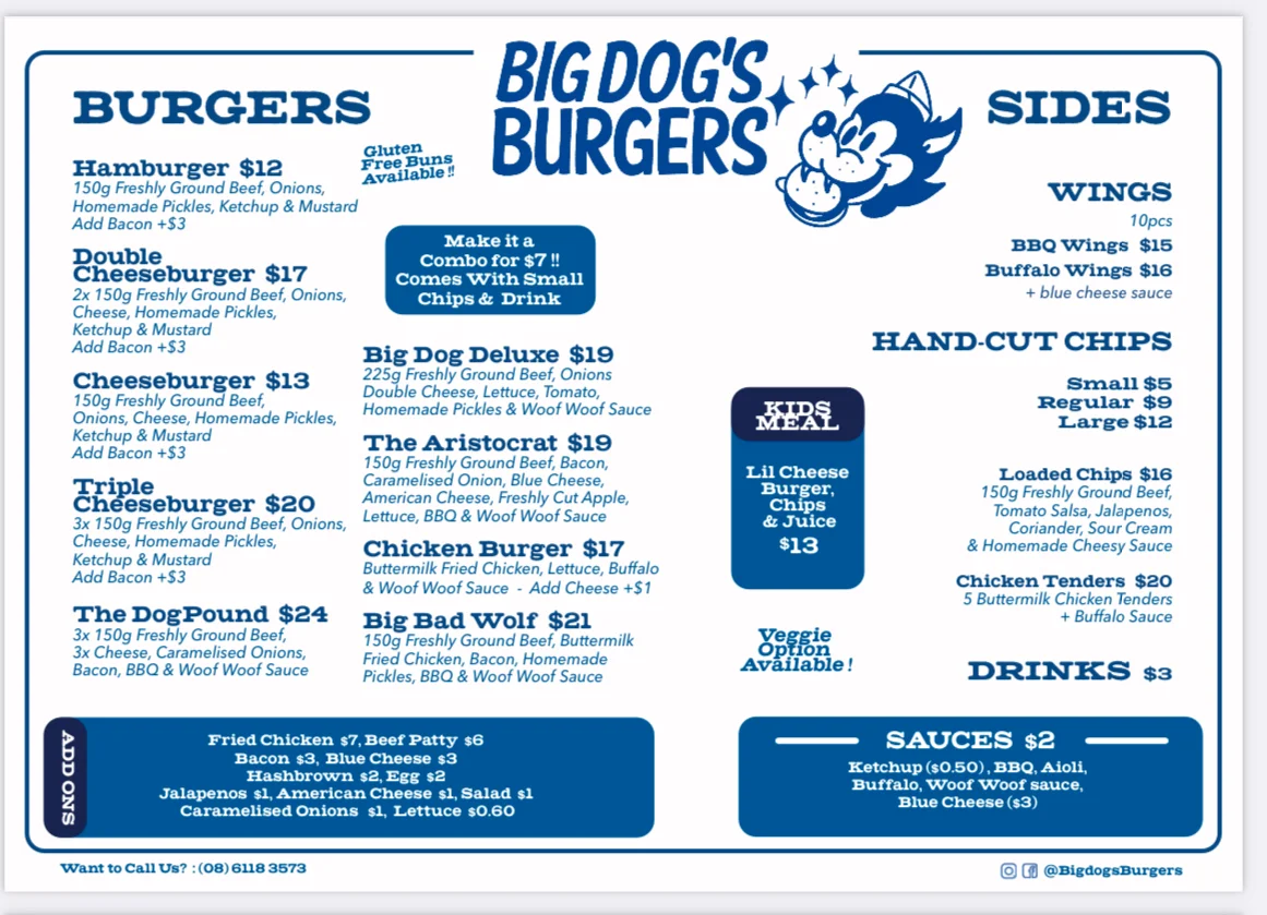 Menu, Big Dog's Burgers