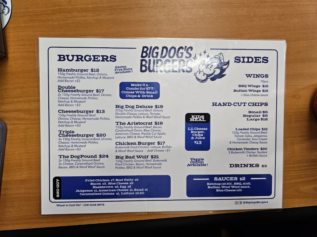 Menu, Big Dog's Burgers