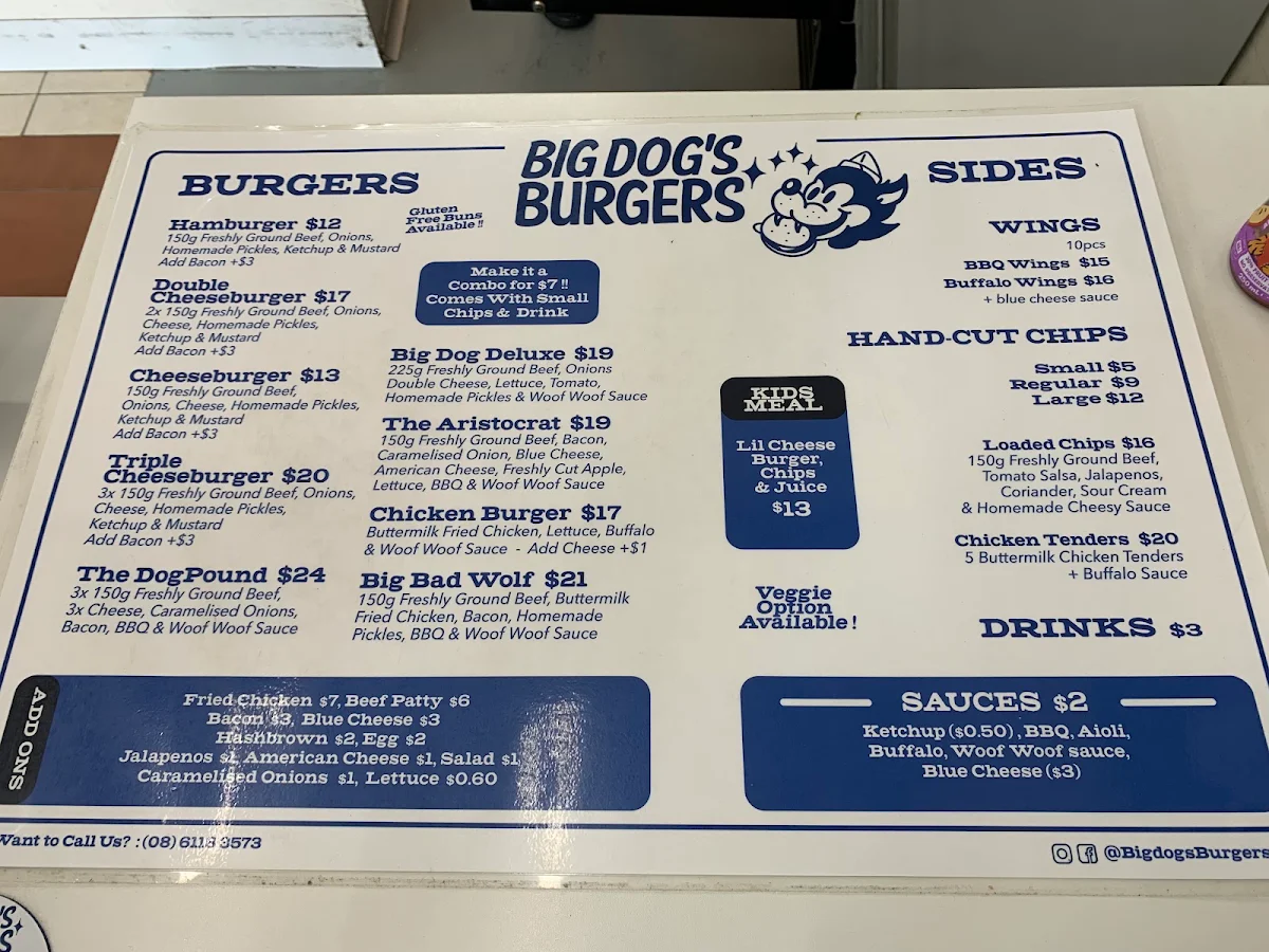 Menu, Big Dog's Burgers