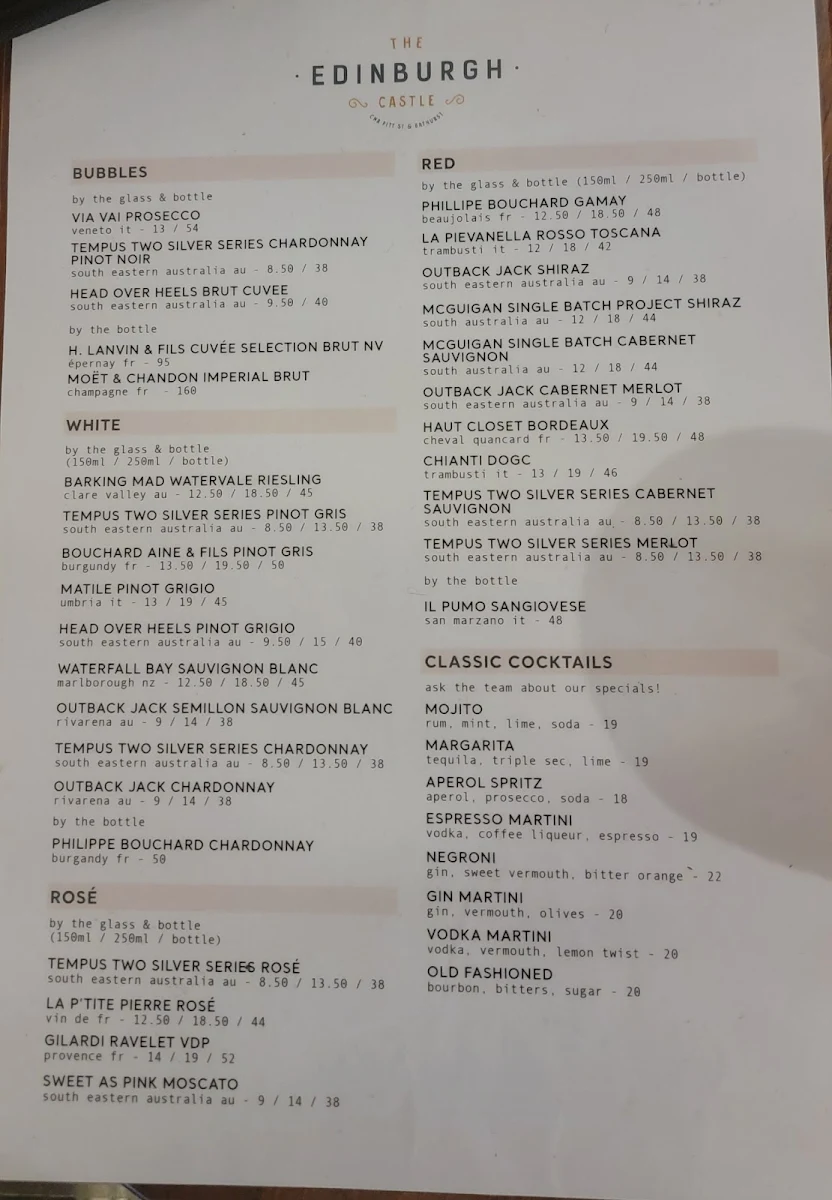 Menu, The Edinburgh Castle Hotel