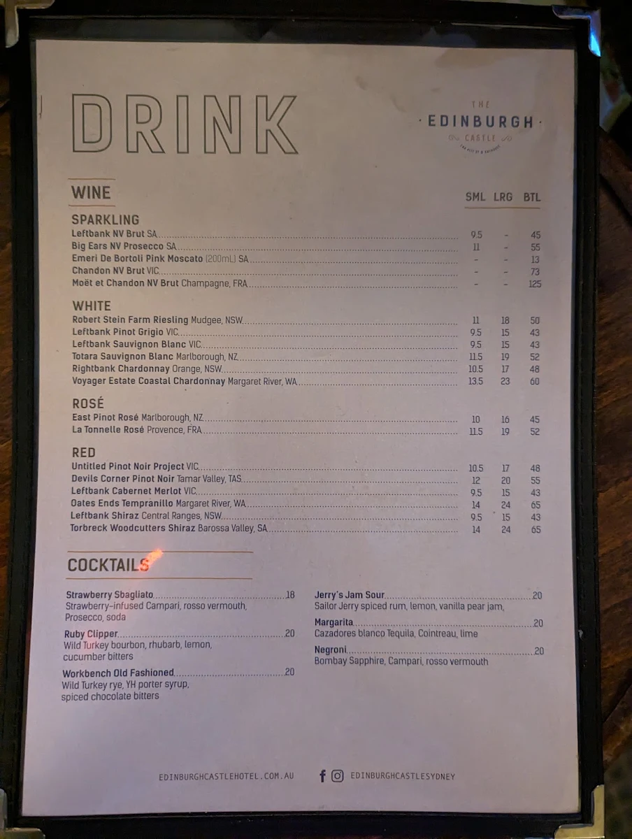 Menu, The Edinburgh Castle Hotel