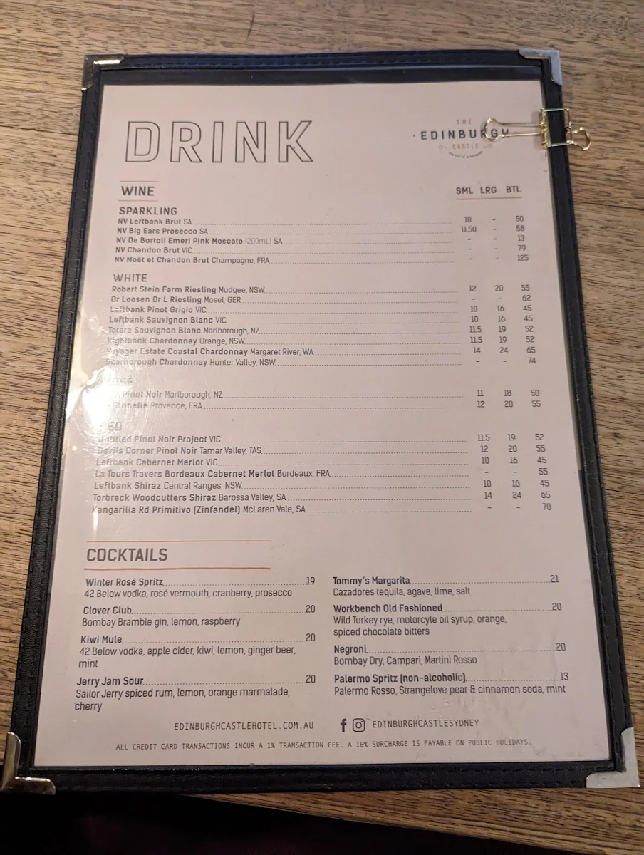 Menu, The Edinburgh Castle Hotel