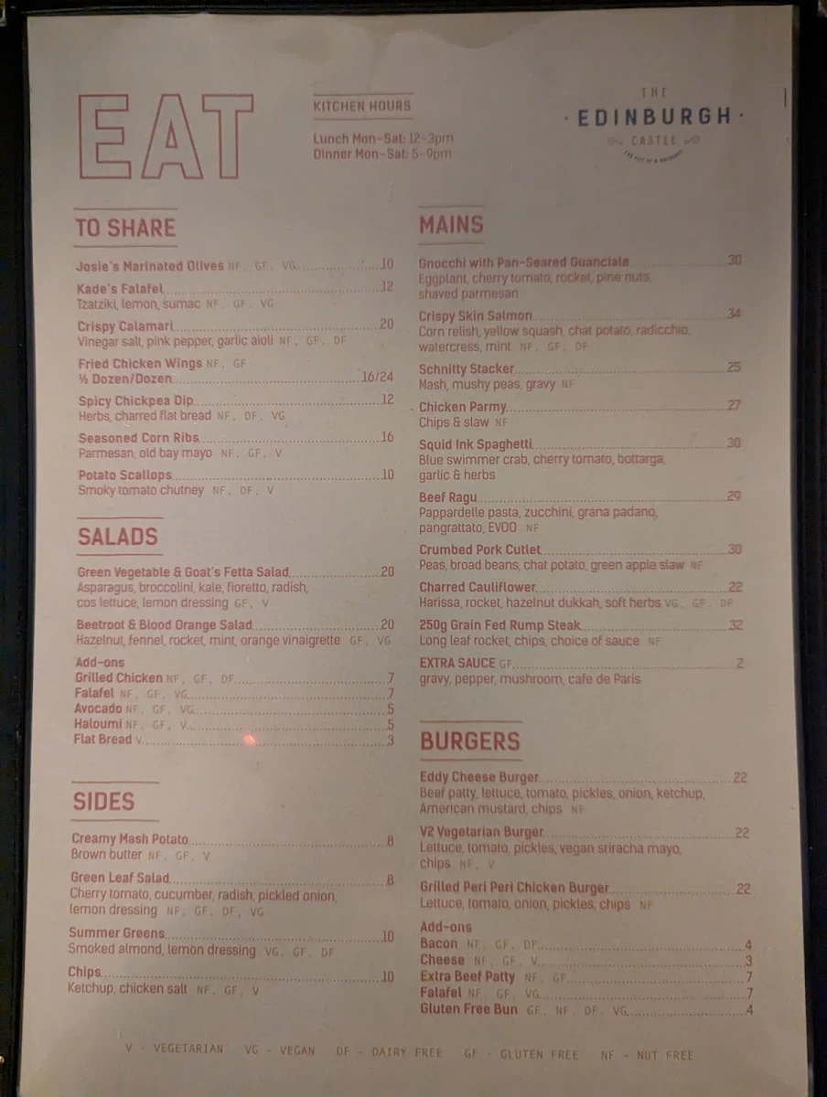 Menu, The Edinburgh Castle Hotel