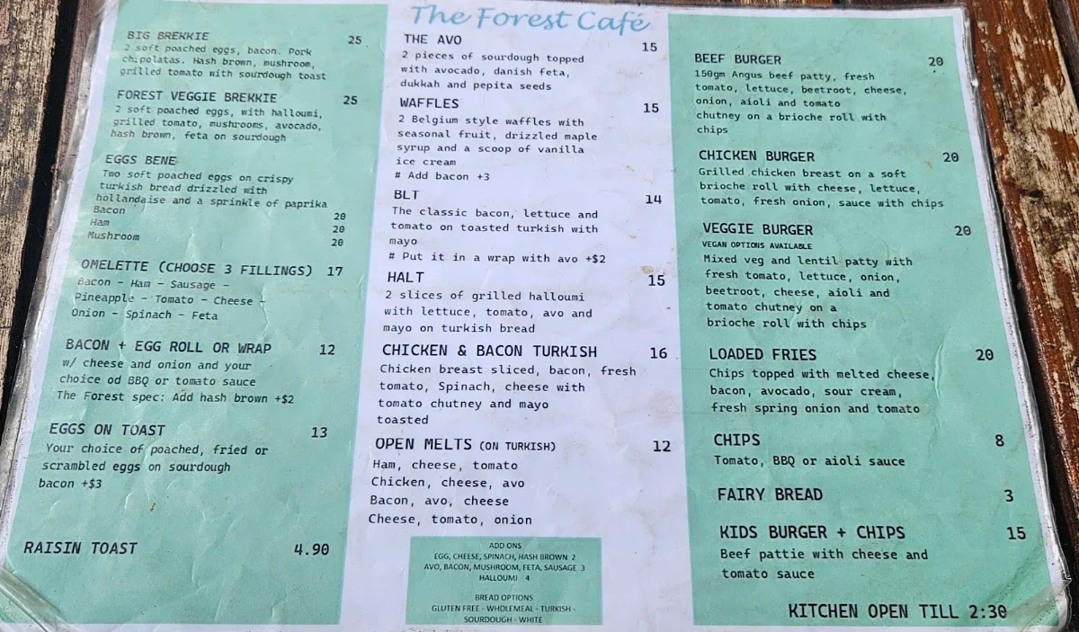 Menu, The Forest Cafe