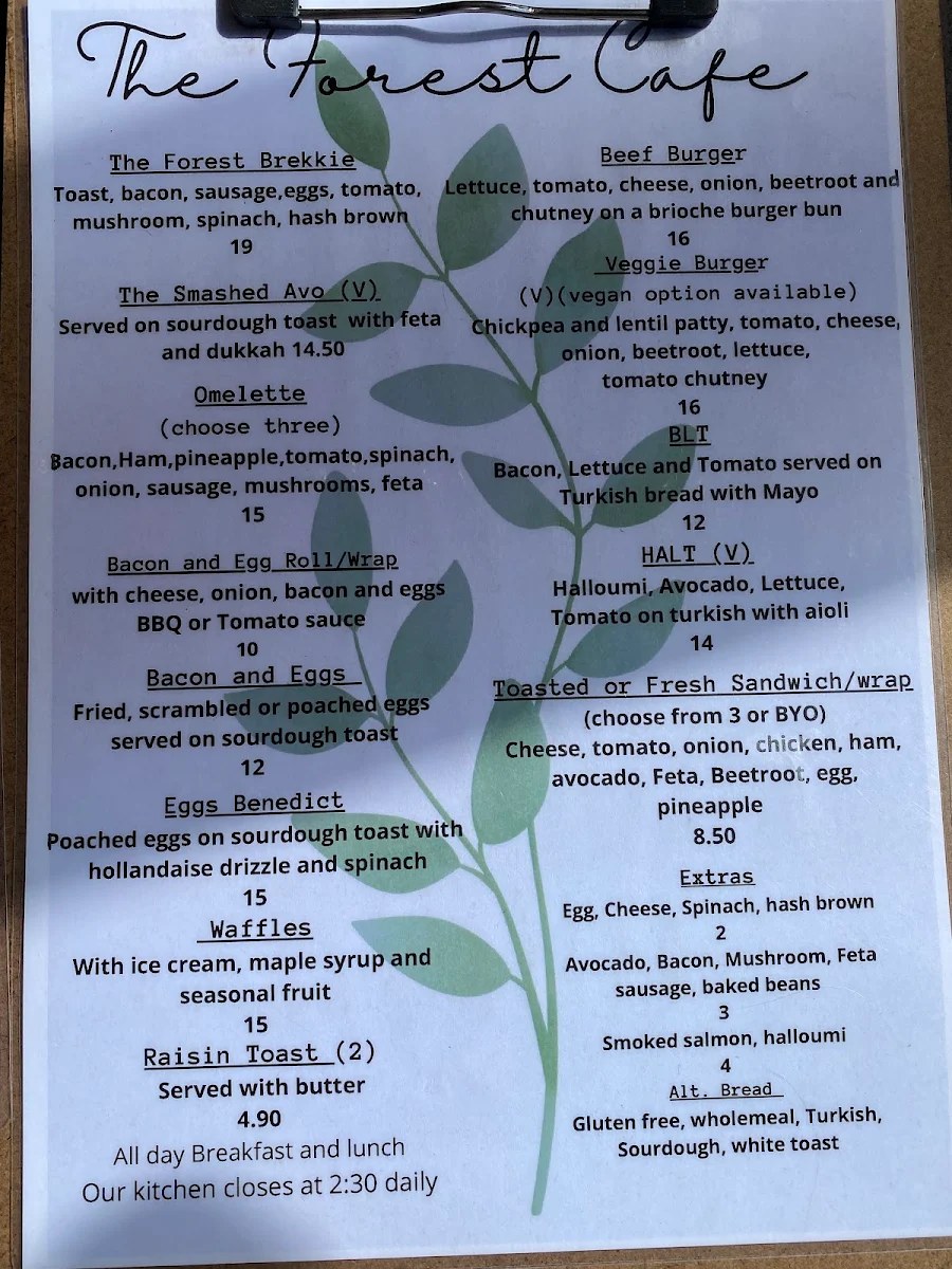 Menu, The Forest Cafe