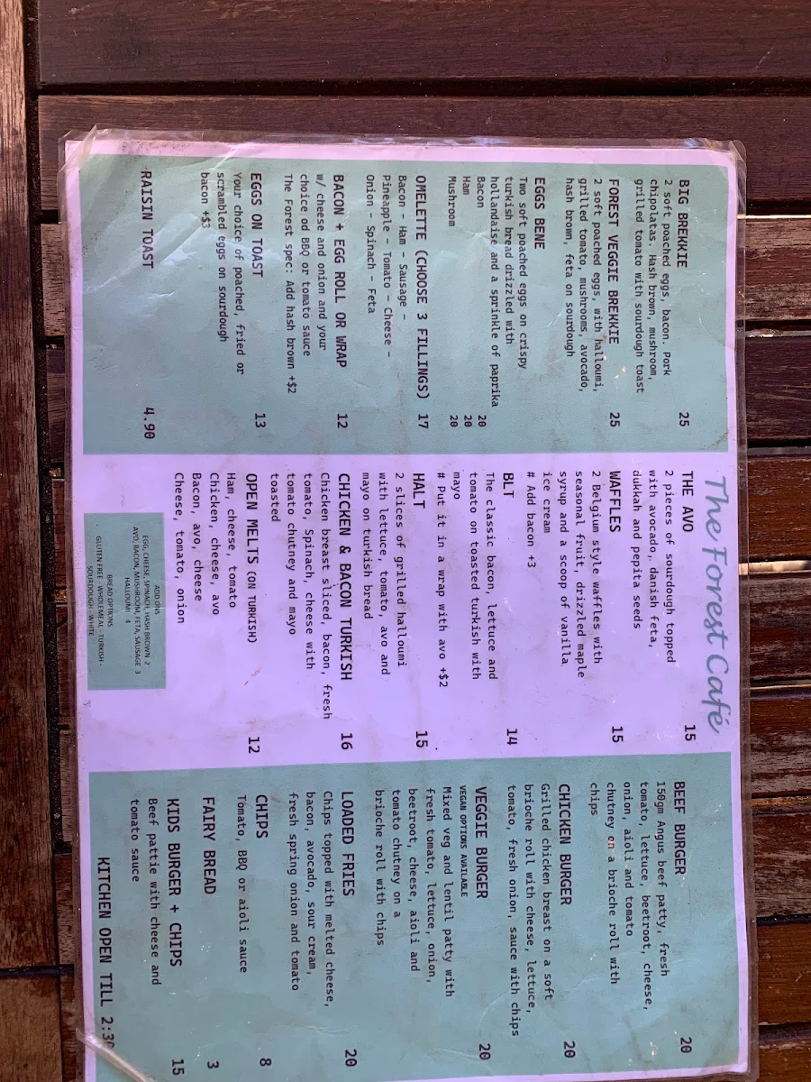 Menu, The Forest Cafe