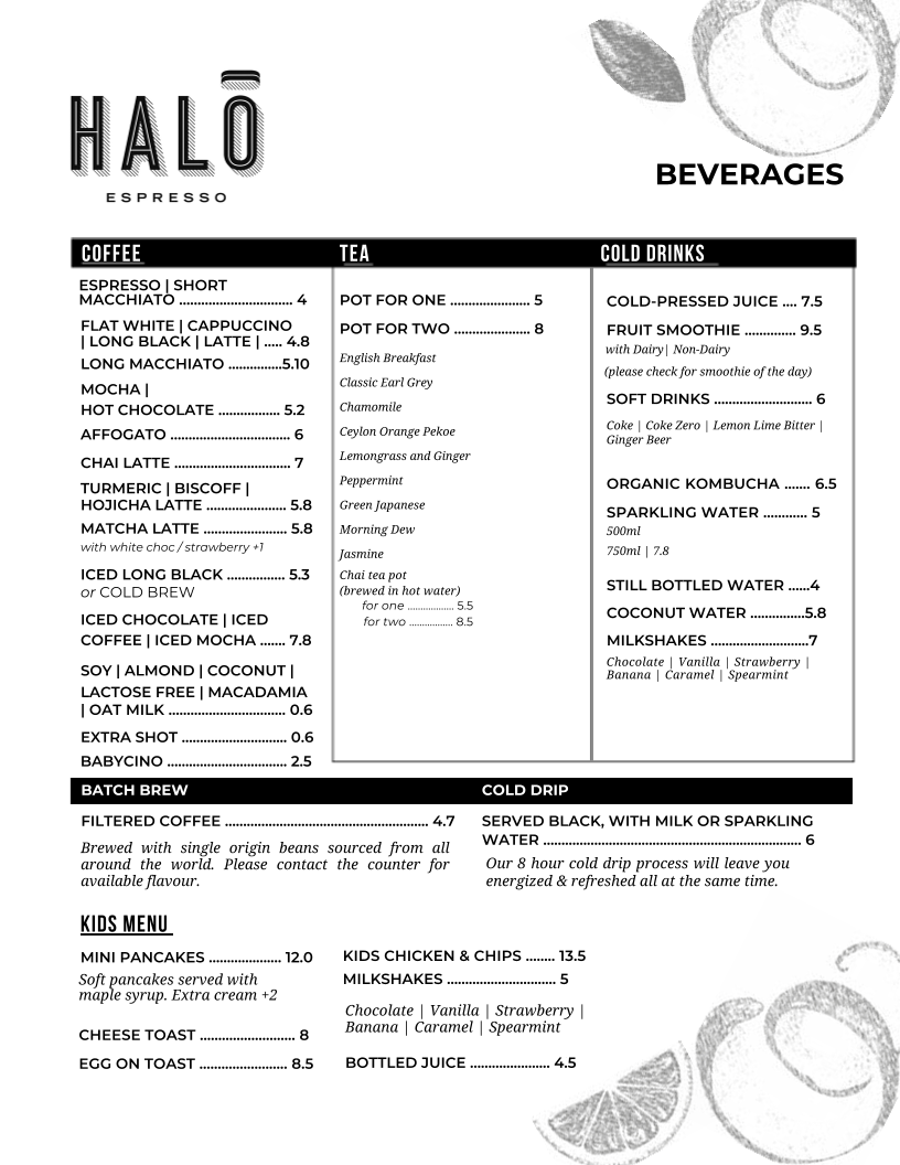Menu, Halo Espresso