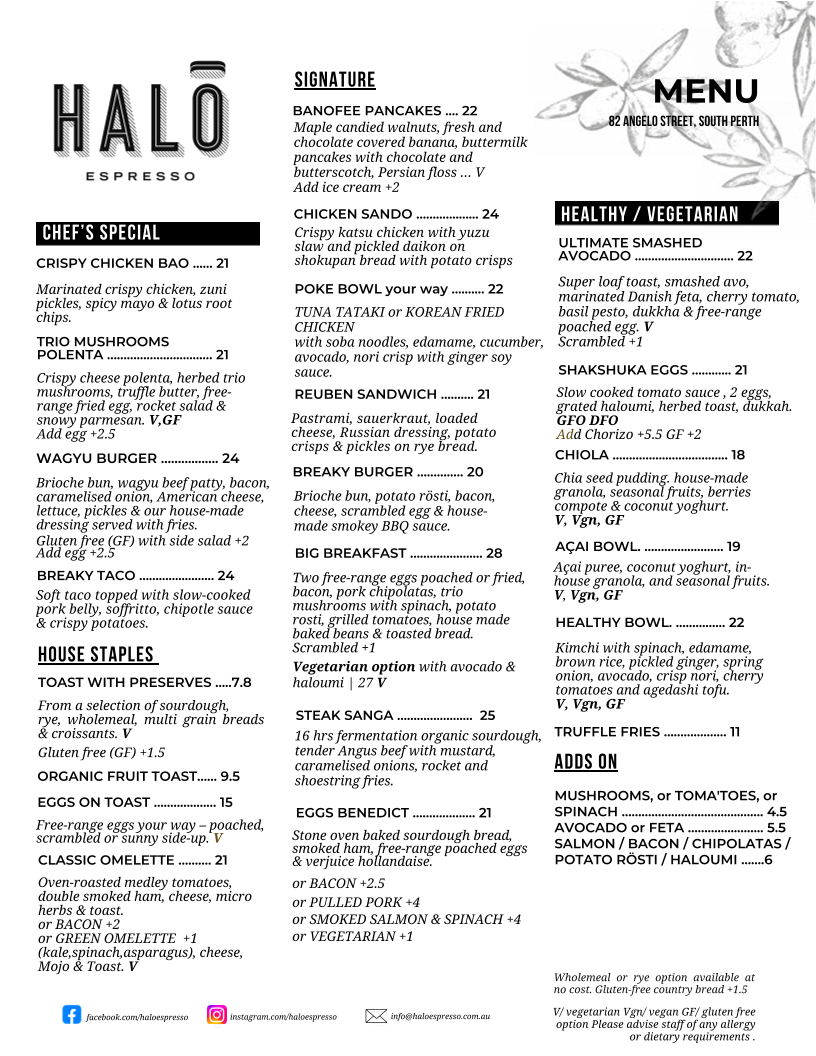 Menu, Halo Espresso
