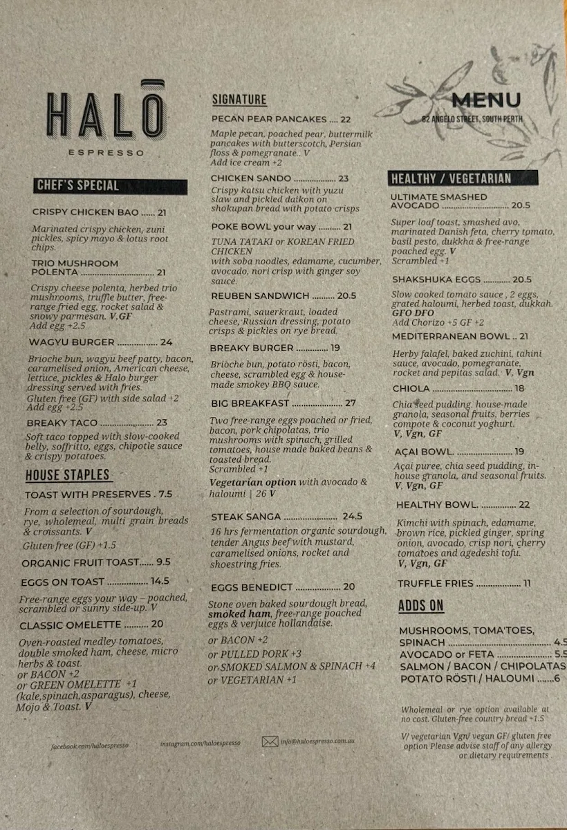 Menu, Halo Espresso