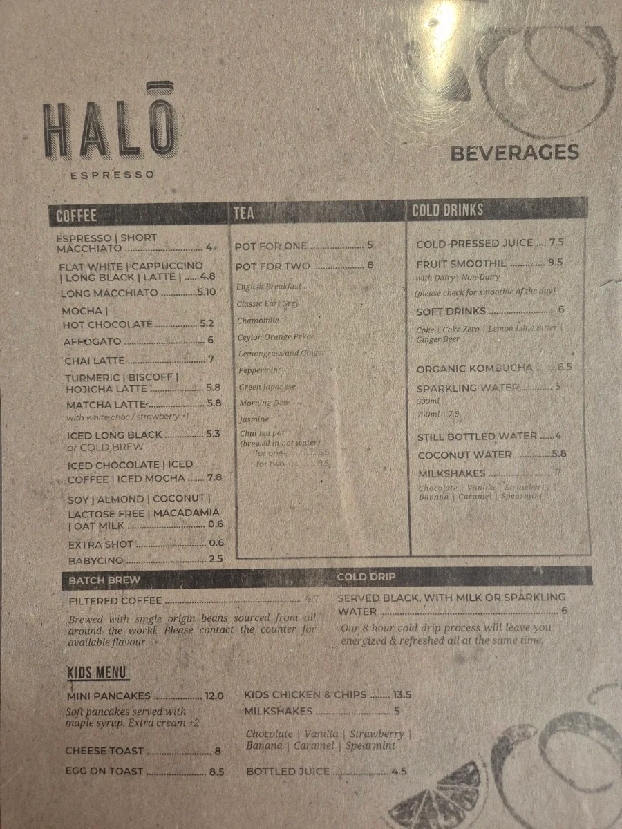 Menu, Halo Espresso