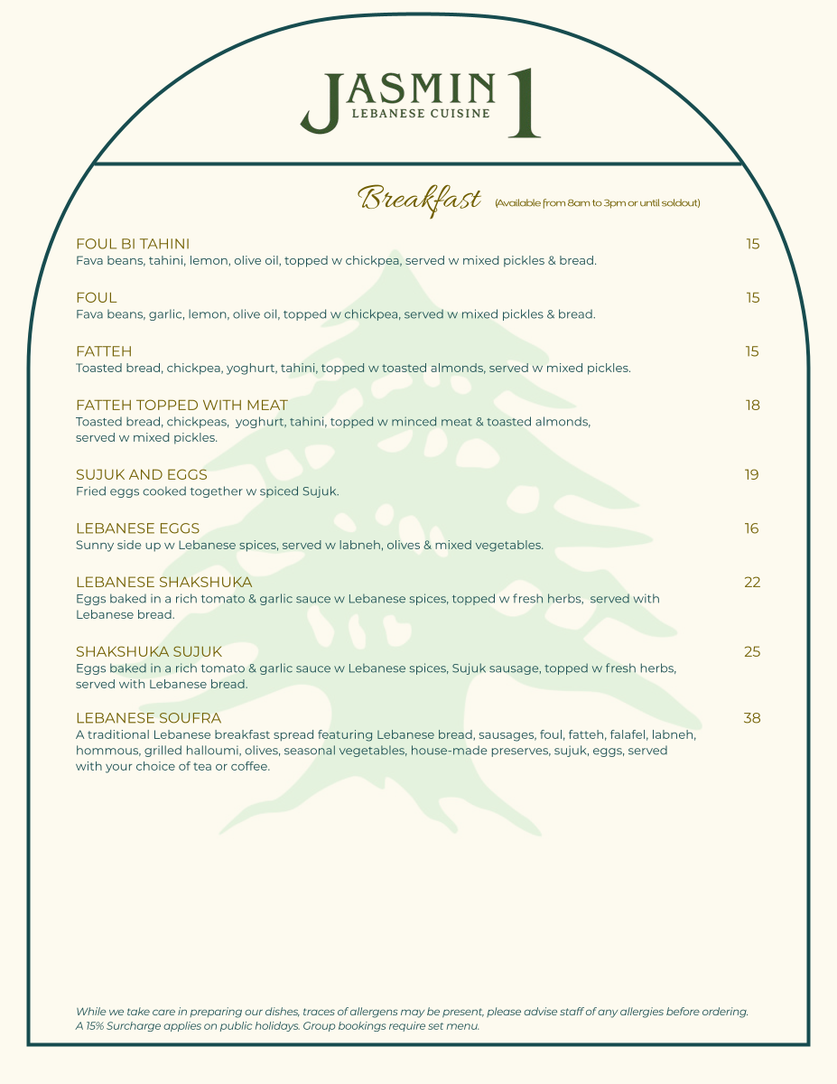 Menu, Jasmin 1 Lebanese Cuisine Leichhardt
