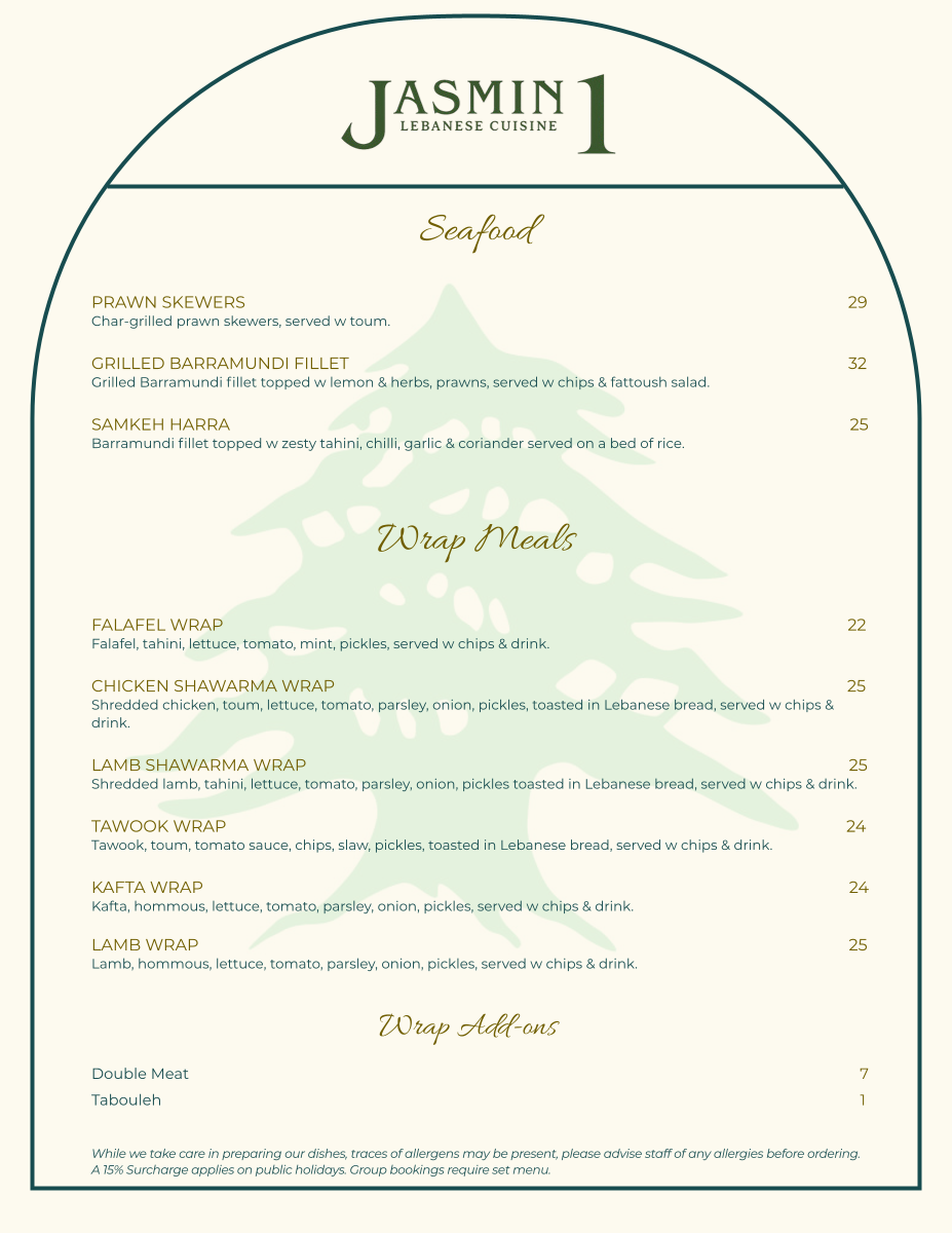 Menu, Jasmin 1 Lebanese Cuisine Leichhardt