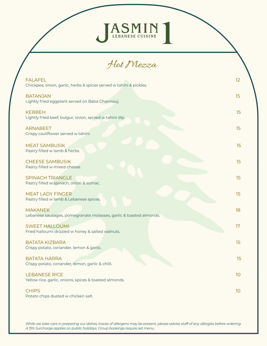 Menu, Jasmin 1 Lebanese Cuisine Leichhardt