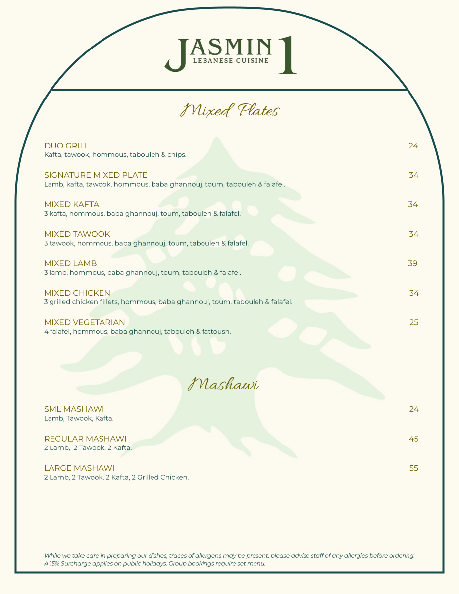 Menu, Jasmin 1 Lebanese Cuisine Leichhardt