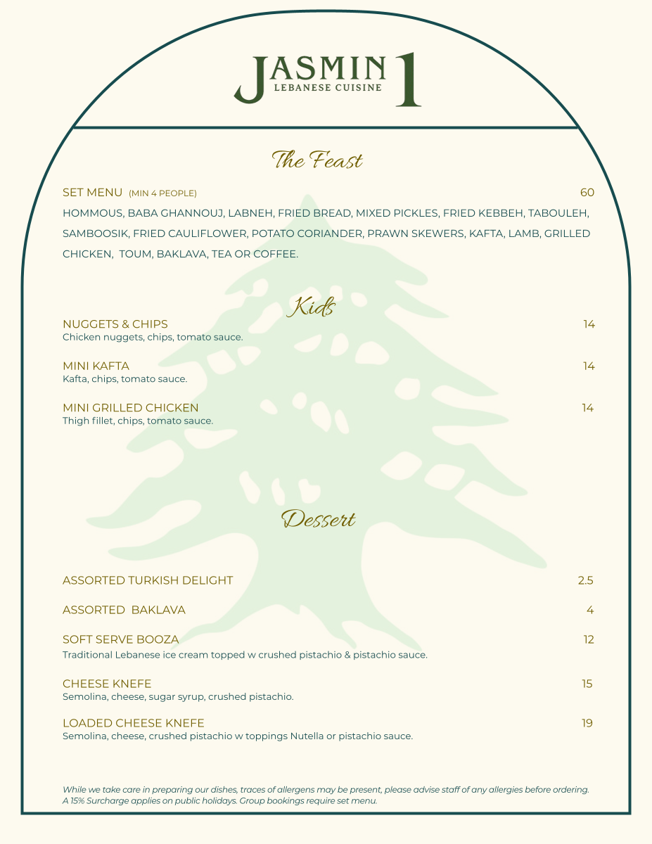 Menu, Jasmin 1 Lebanese Cuisine Leichhardt