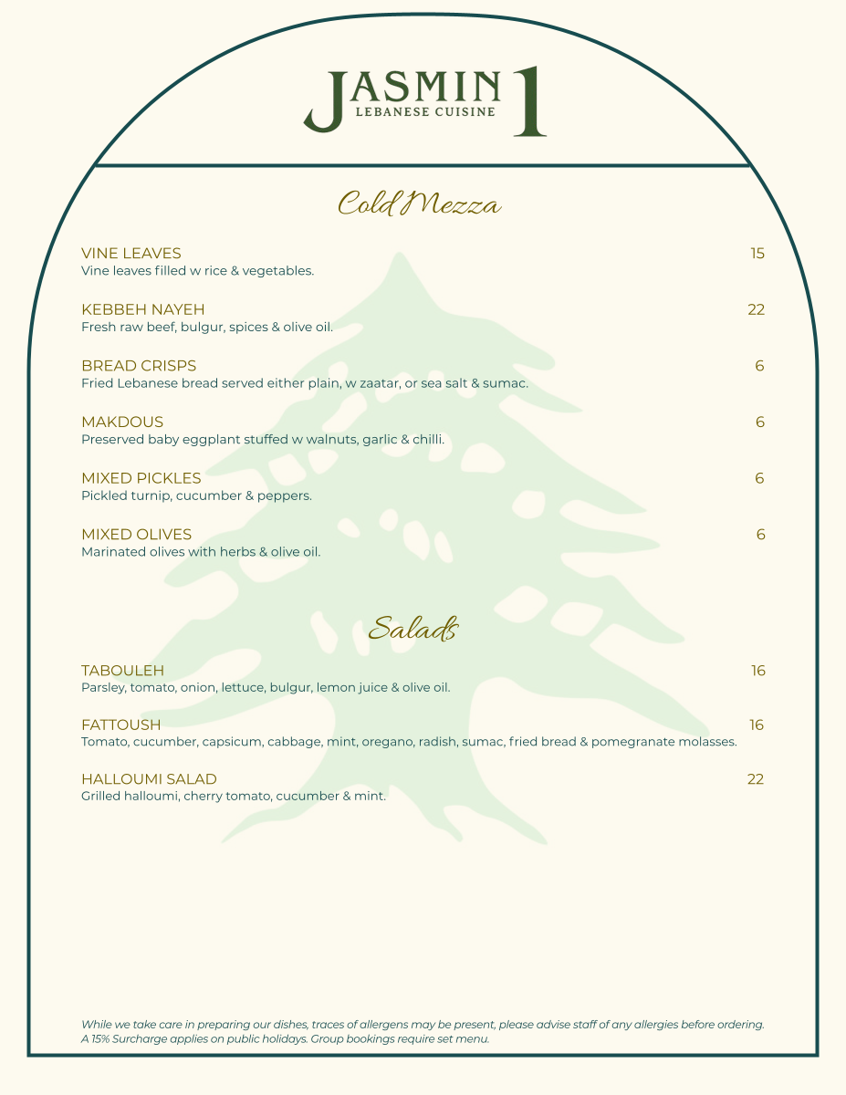 Menu, Jasmin 1 Lebanese Cuisine Leichhardt