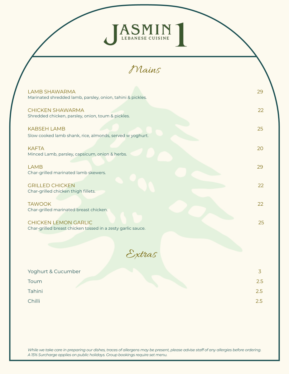 Menu, Jasmin 1 Lebanese Cuisine Leichhardt