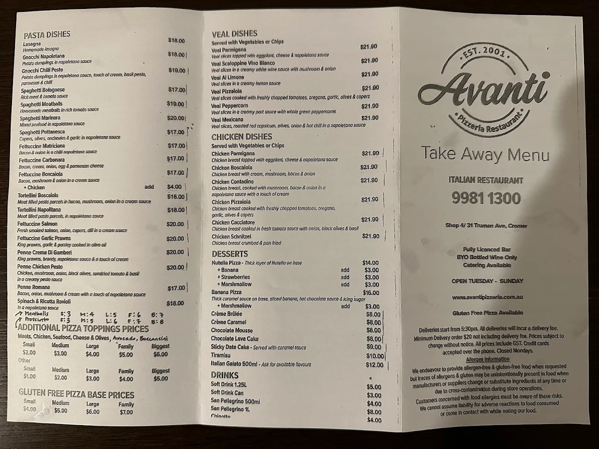 Menu, Avanti Pizzeria Restaurant