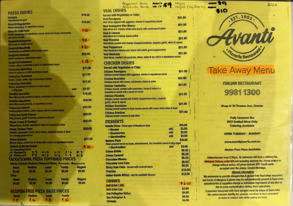 Menu, Avanti Pizzeria Restaurant