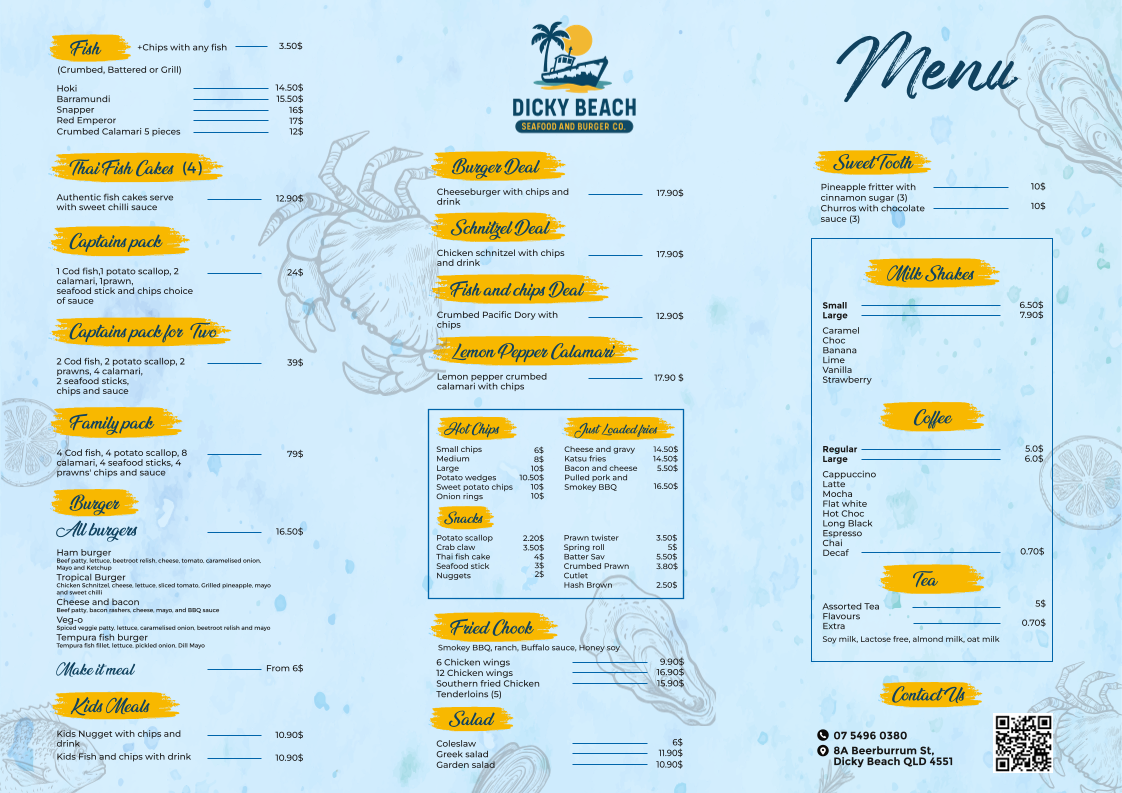 Menu, Dicky Beach Seafood and Burger co