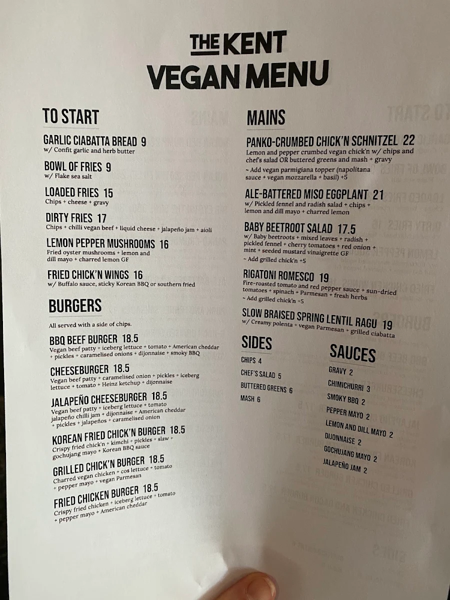Menu, The Kent Hotel