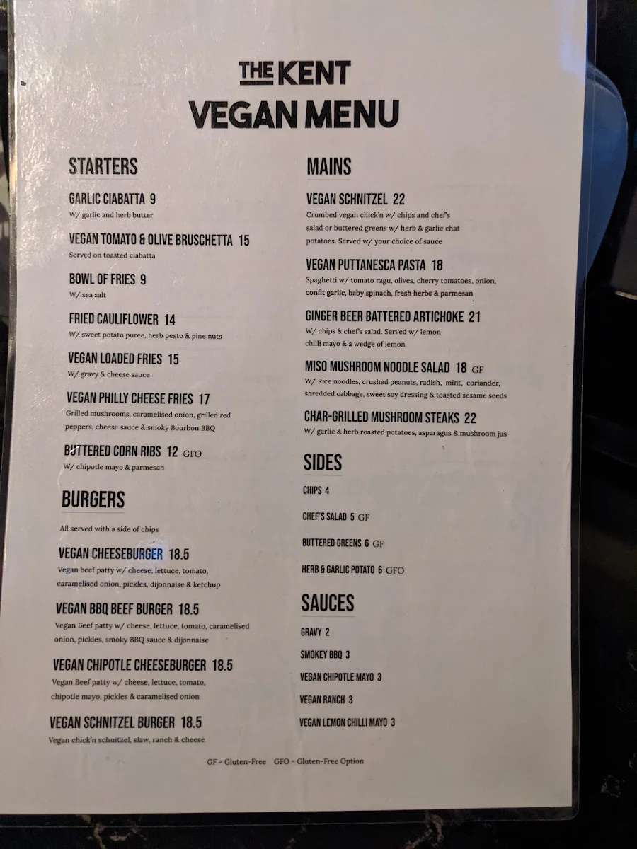 Menu, The Kent Hotel