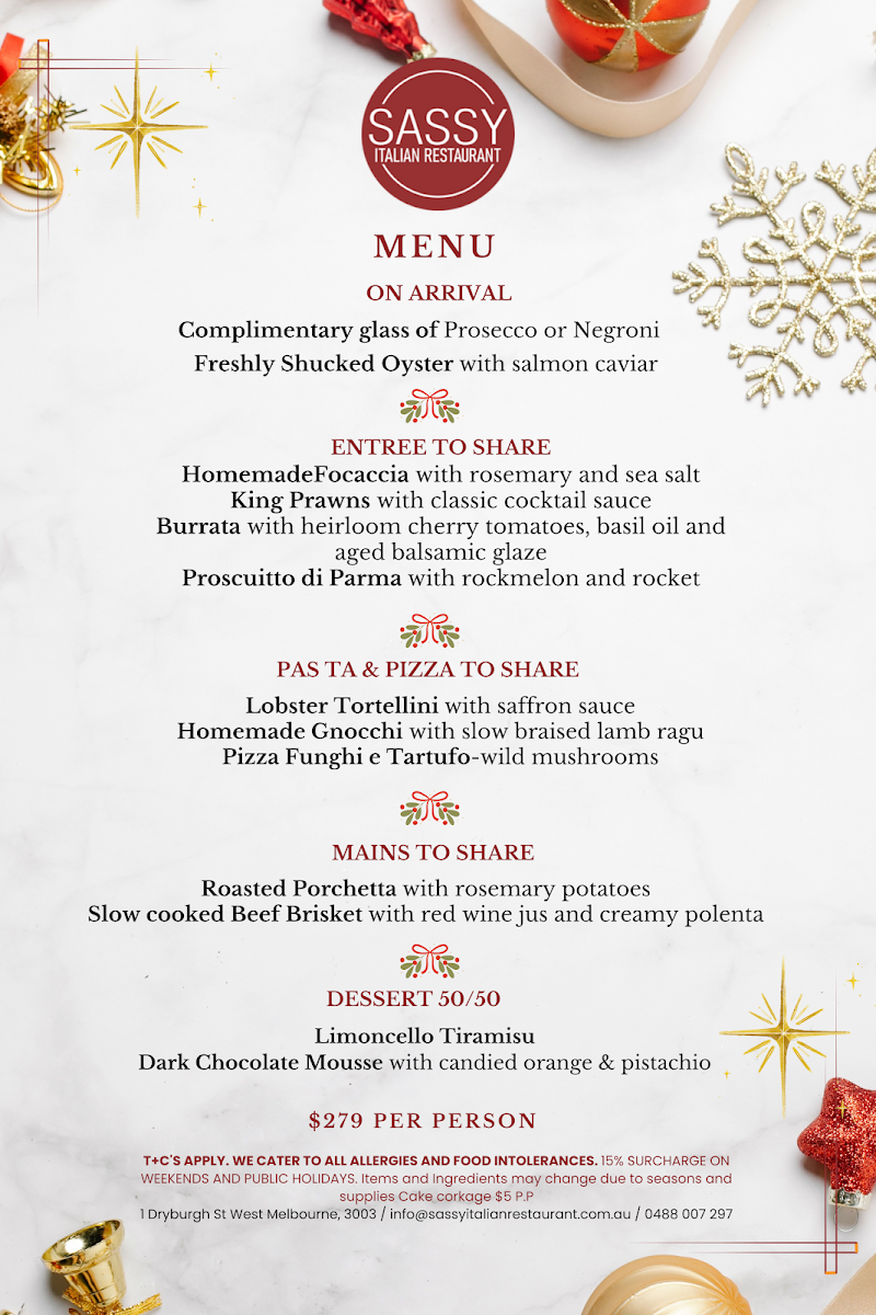 Menu, Sassy Italian Restaurant