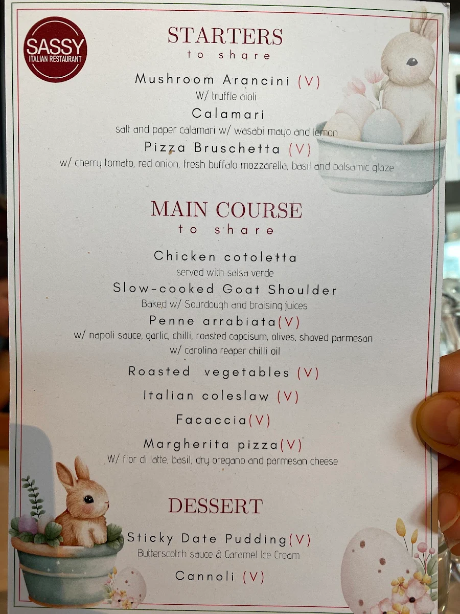 Menu, Sassy Italian Restaurant