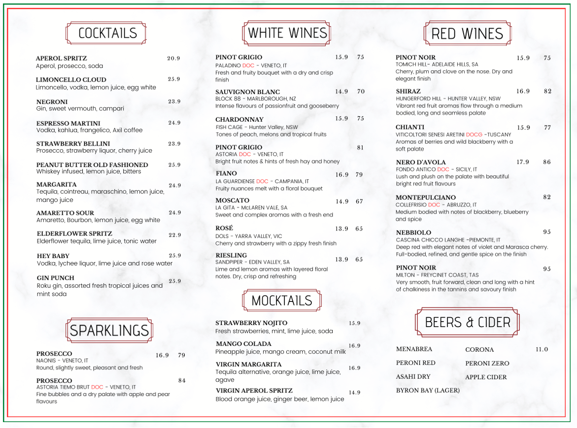 Menu, Sassy Italian Restaurant