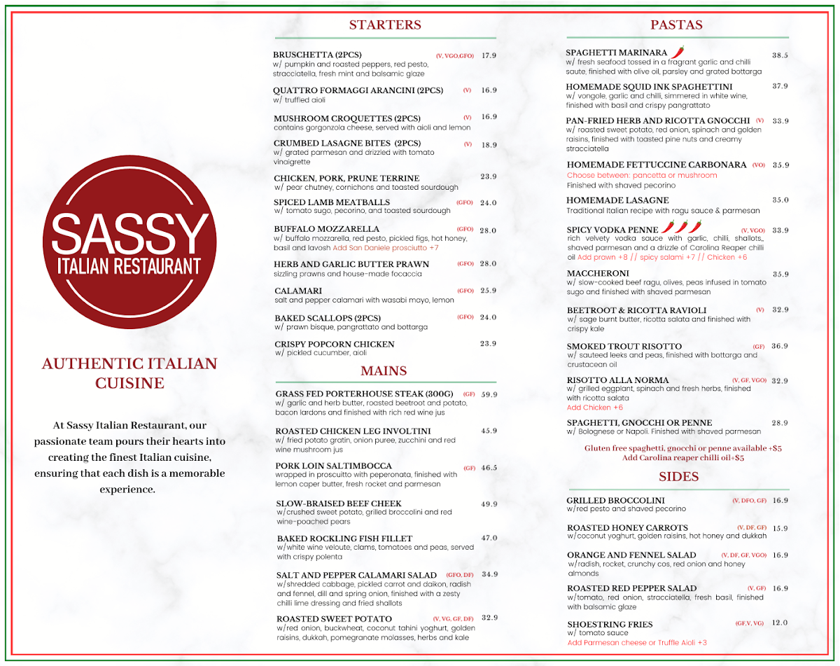 Menu, Sassy Italian Restaurant