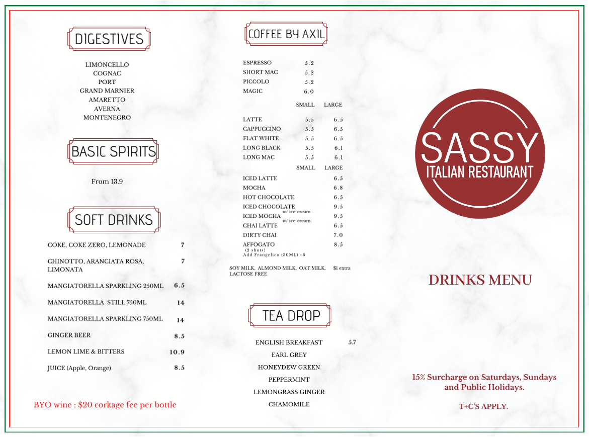 Menu, Sassy Italian Restaurant
