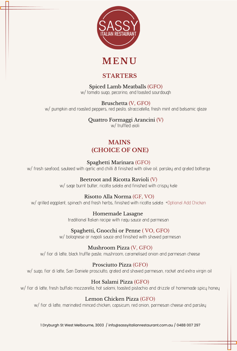 Menu, Sassy Italian Restaurant