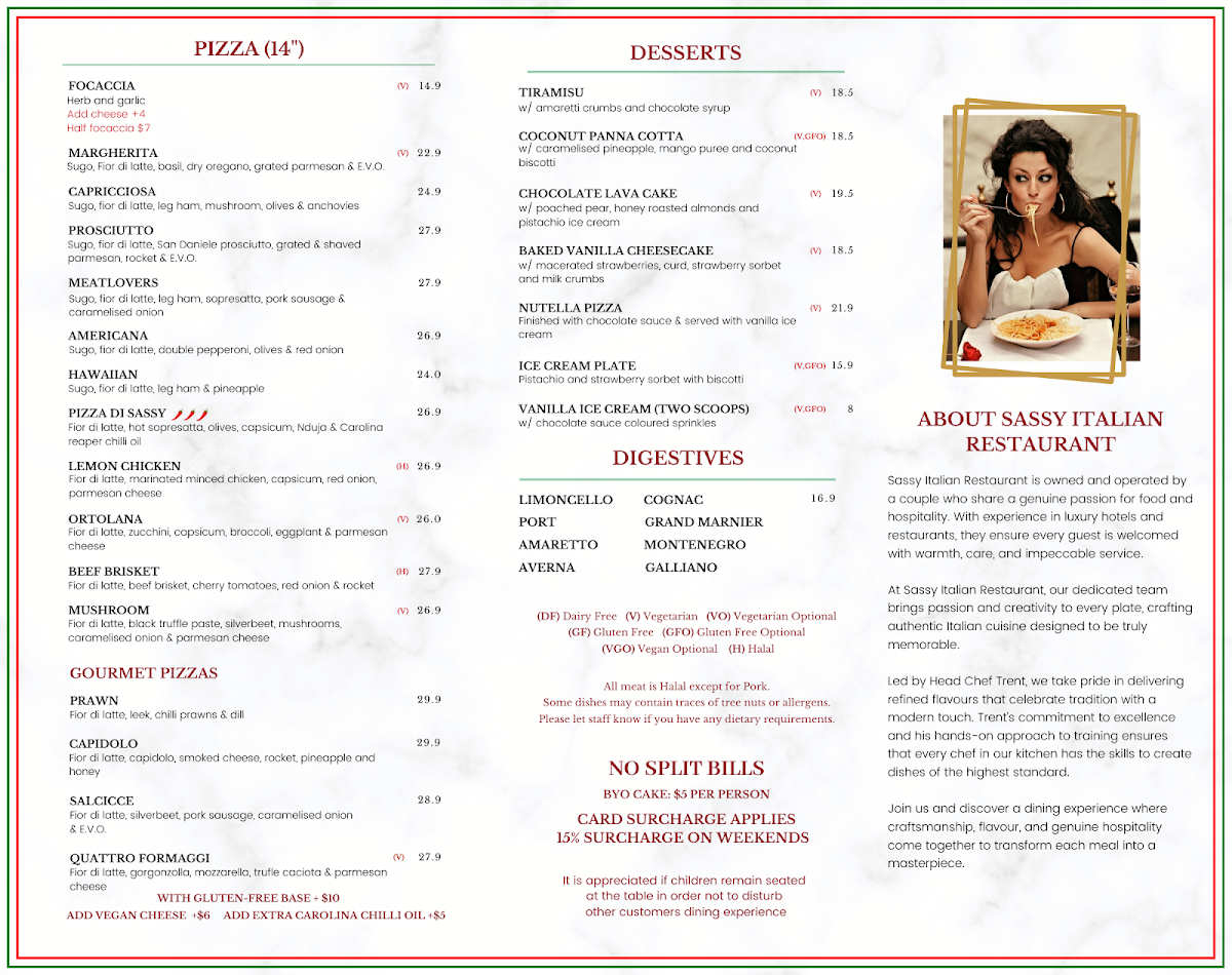 Menu, Sassy Italian Restaurant