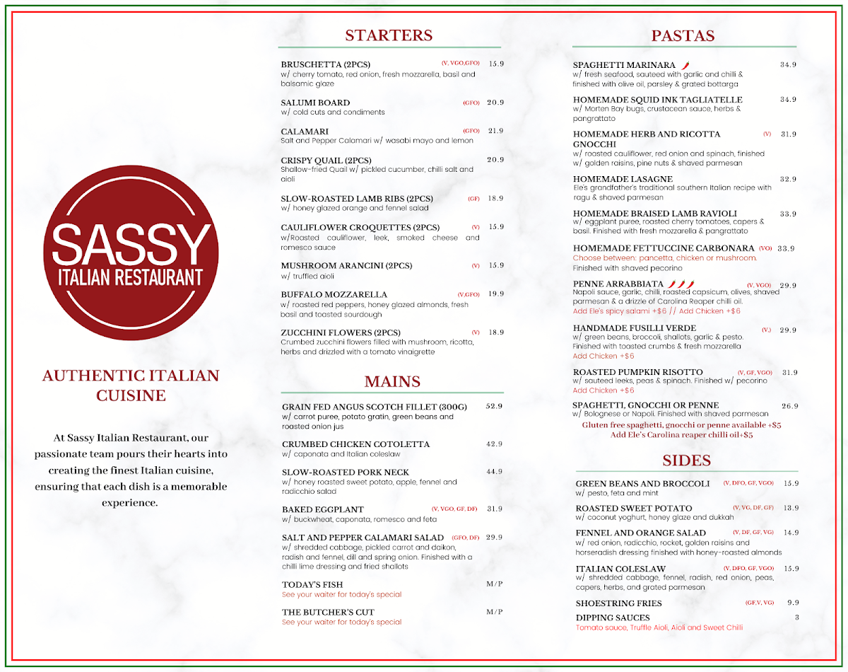 Menu, Sassy Italian Restaurant