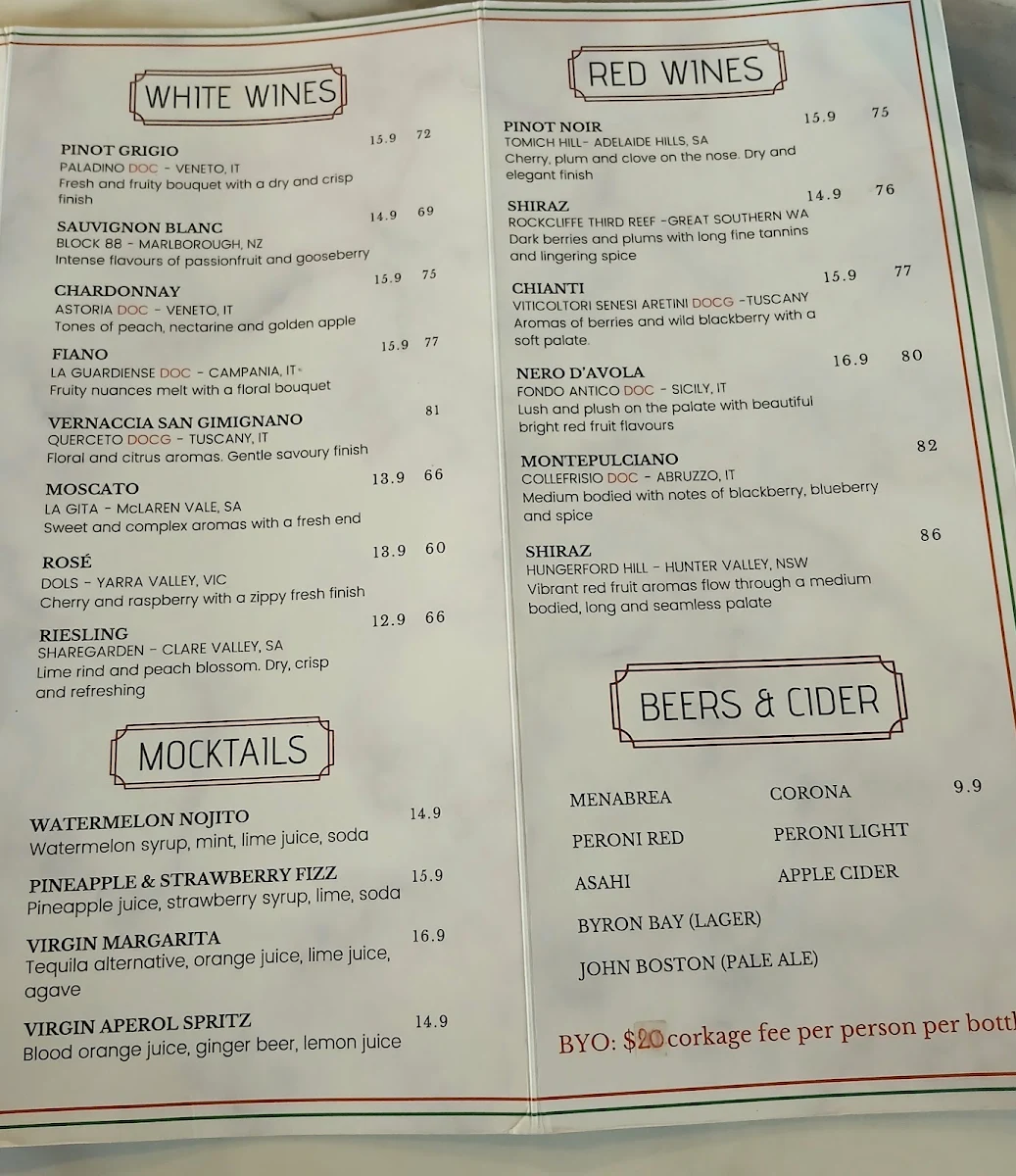 Menu, Sassy Italian Restaurant