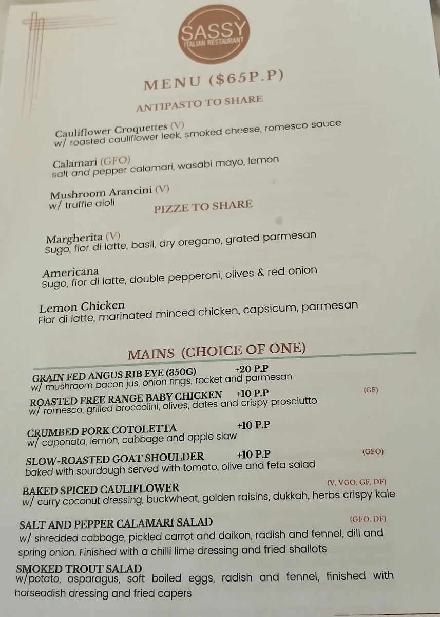 Menu, Sassy Italian Restaurant