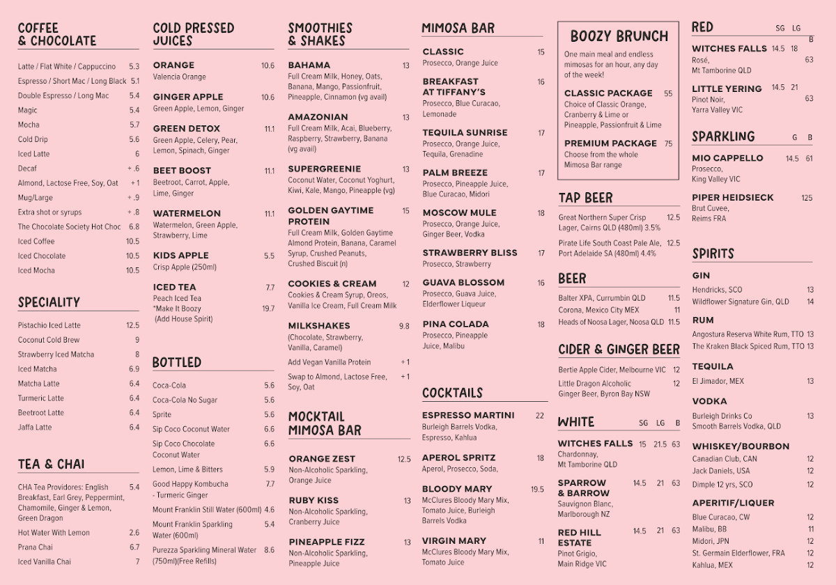 Menu, The Winey Cow