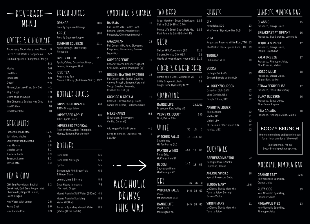Menu, The Winey Cow