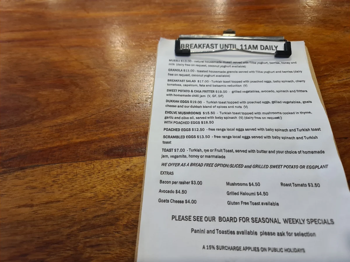 Menu, Cafe Evolve