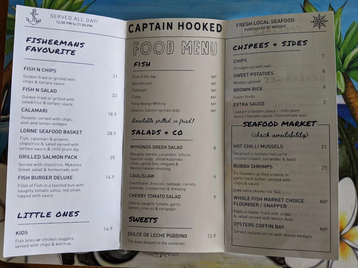 Menu, Captain Hooked