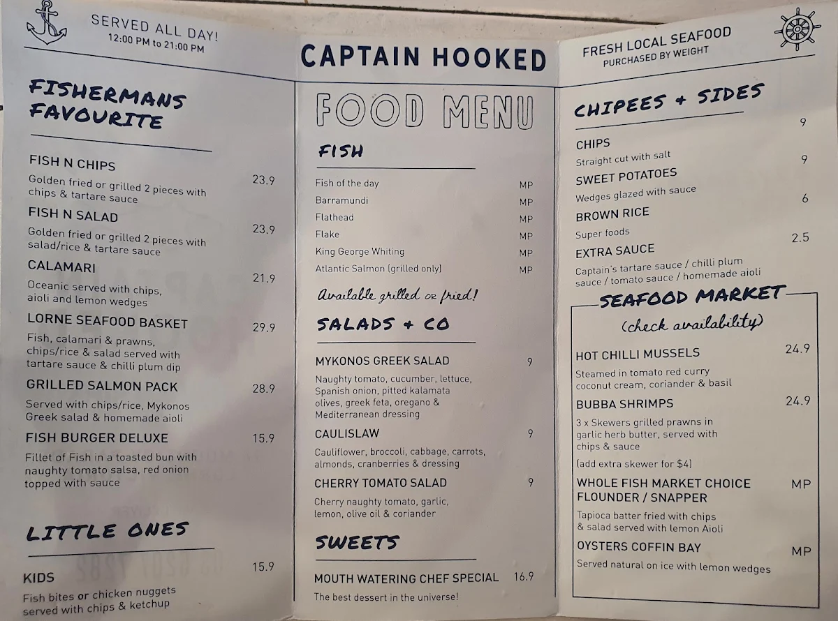 Menu, Captain Hooked