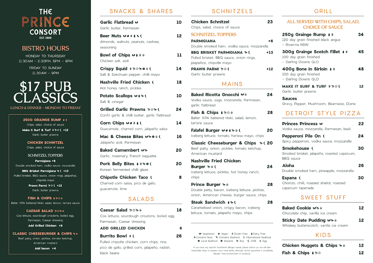 Menu, The Prince Consort Hotel