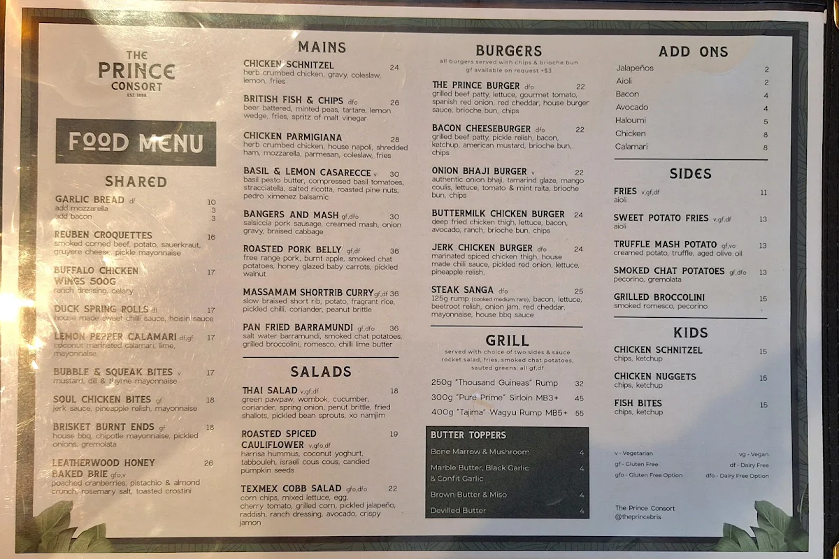 Menu, The Prince Consort Hotel
