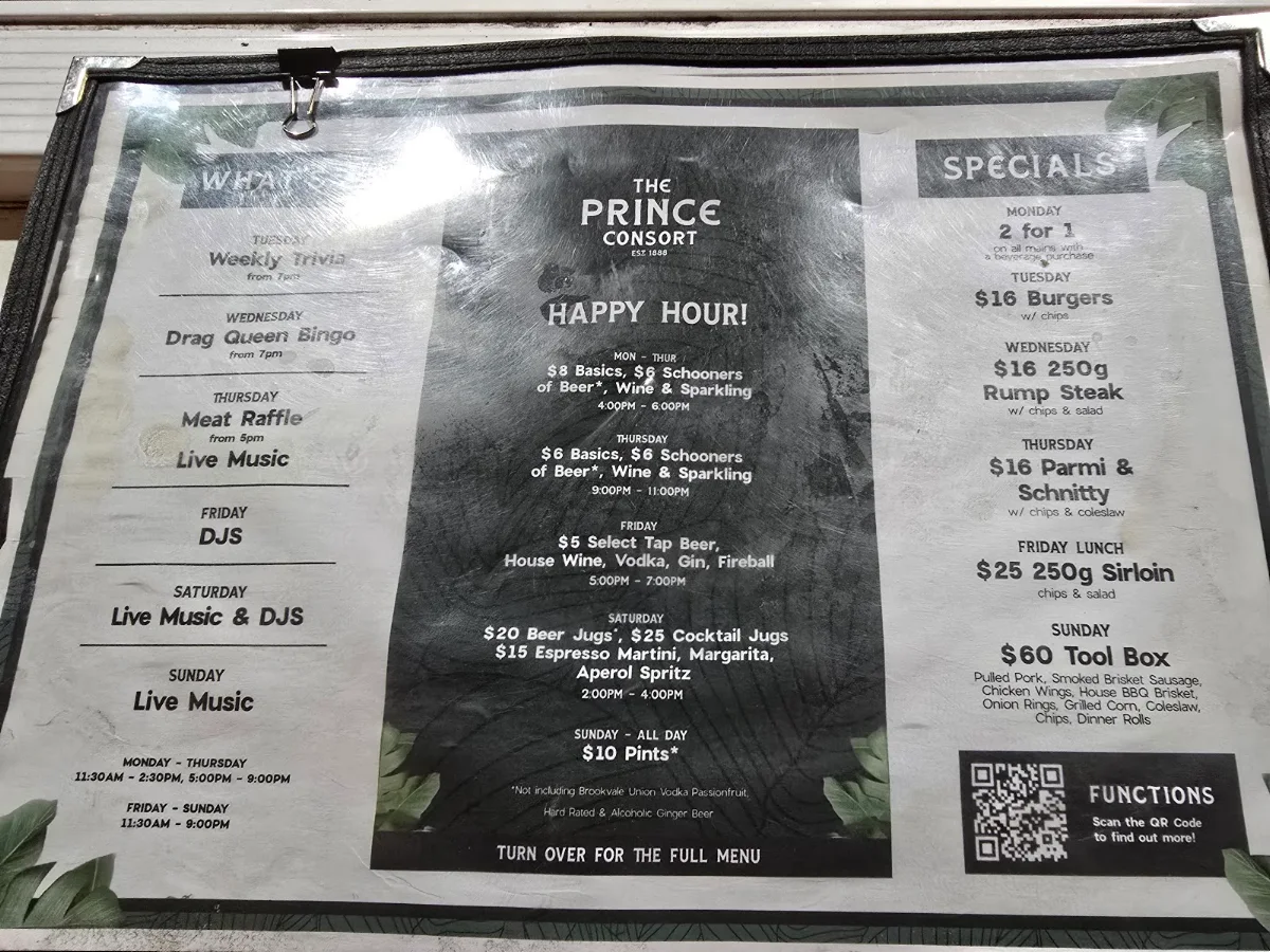 Menu, The Prince Consort Hotel
