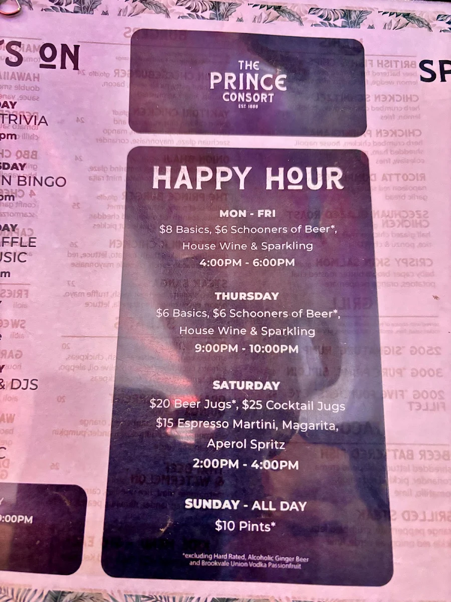 Menu, The Prince Consort Hotel