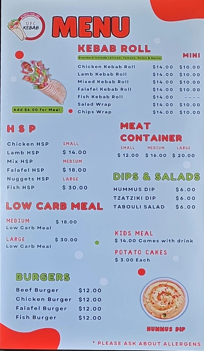 Menu, UFC Kebab