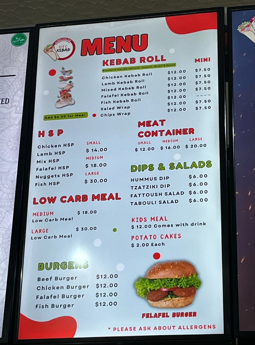 Menu, UFC Kebab
