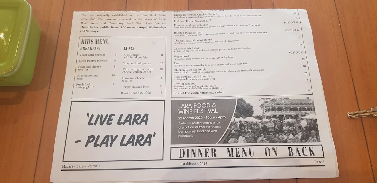 Menu, Millars Lara
