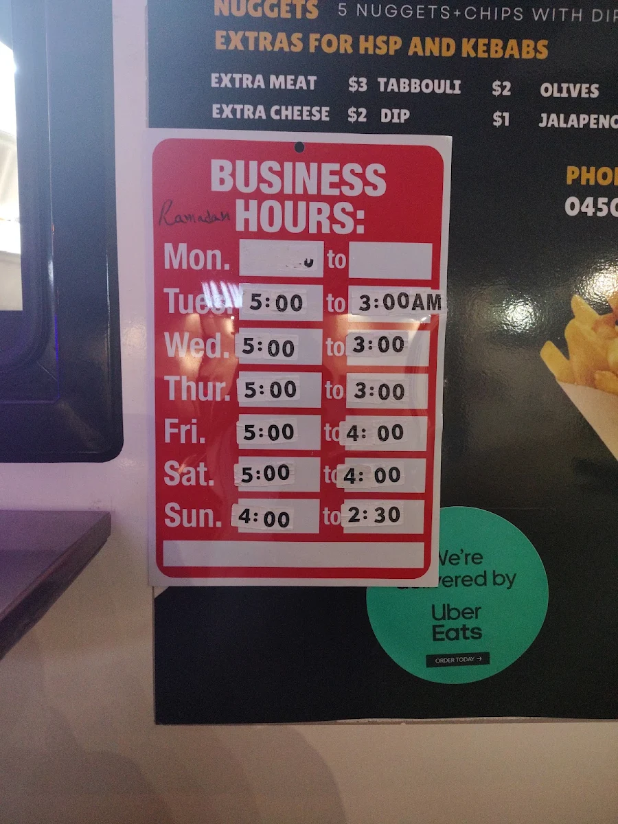 Menu, Kebab stop brunswick